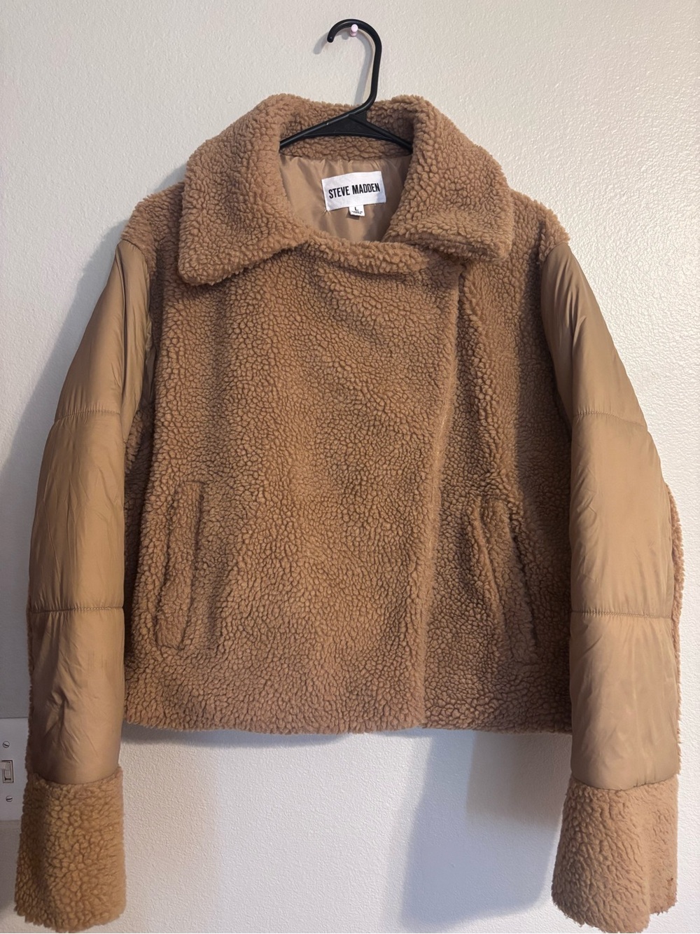 Steve Madden Camel Tan Sherpa Jacket with Quilted Sleeves